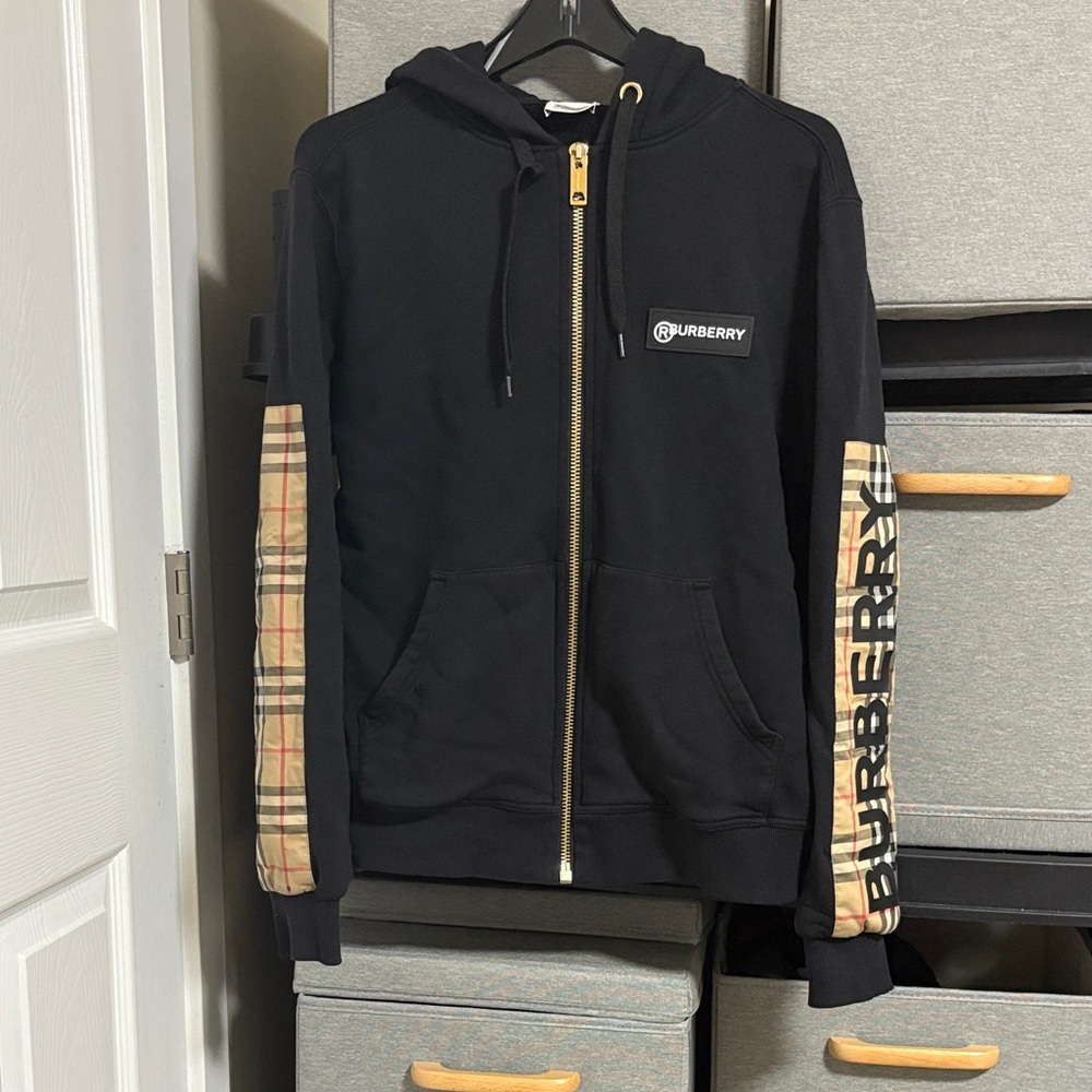 Burberry woman's Black Hoodie with Beige Plaid Accents